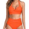 Vintage Halter Ruched Highwaist Bikini Self-Tie Neck Bathing Suit-Neon Orange