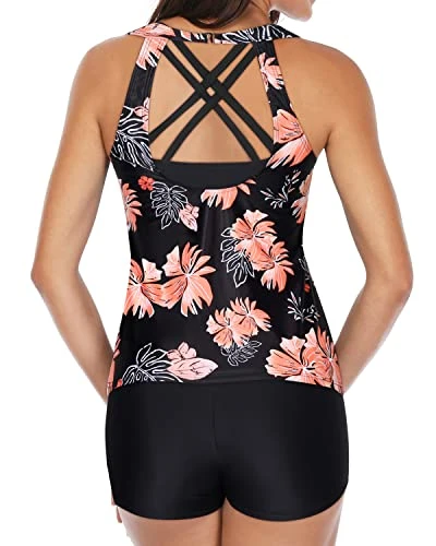 Modest High Neck Tankini Shorts For Women-Black Orange Floral - Image 2