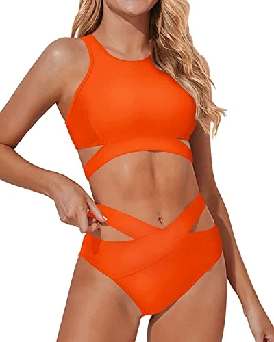 Halter-Style Cutout Swimsuit Two Piece High Neck Bikini Set-Neon Orange - Image 3