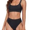 2 Piece Adjustable Shoulder Straps High Waisted Bikini Swimsuits-Black