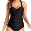 Adjustable Self-Tie Halter Neck Padded One Piece Swim Suit-Black