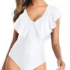Cute Tummy Control Flounce Sleeve V Neck One Piece Swimsuit-White