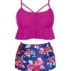 Women's Ruched Tummy Control High Waist Bikini Sets-Pink Floral
