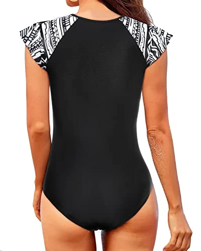 Women's Tummy Control Short Sleeve One Piece Rash Guard-Black Tribal - Image 2