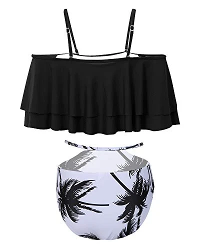 Tummy Control Bikini Set For Women Ruffle Off Shoulder Top-Black Palm Tree - Image 4