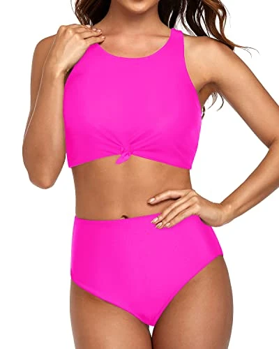 Vintage High Waisted Bikini Set Sporty Two Piece Swimsuits-Neon Pink - Image 2