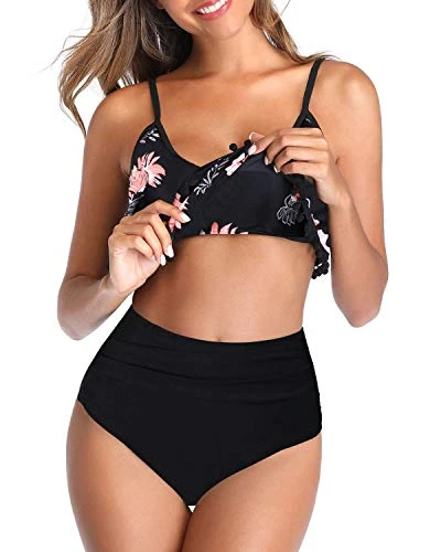 Comfortable Full Tummy Control High Waisted Bikini-Black Orange Floral - Image 4