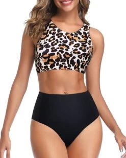 Women's Sporty Swimsuits High Waisted Bottom-Black And Leopard