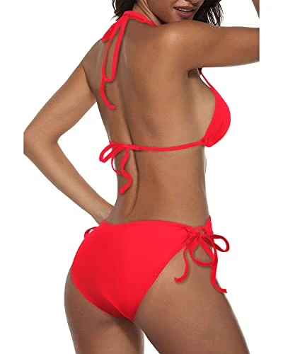 Push Up Enhancement Women Two Piece Halter Bikini-Neon Red - Image 3