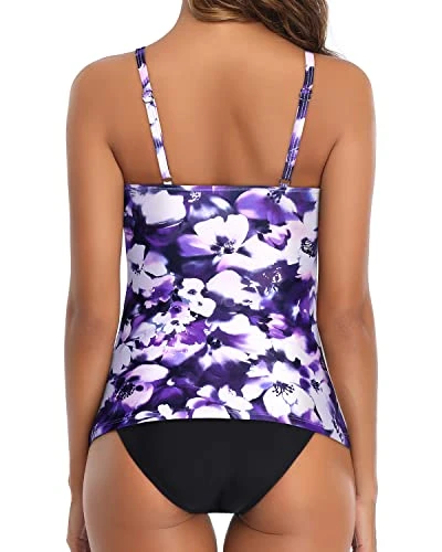Elegant High Neck Ruched Tankini Swimsuit For Women-Blue Floral - Image 2