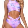 Trendy Cutout Criss Cross Design Two Piece High Neck Bikini Set-Color Tie Dye