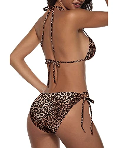 Adjustable Ties Women Two Piece Halter Bikini-Leopard - Image 3