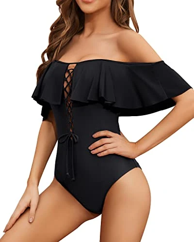 Lace-Up Front Off Shoulder Ruffle One Piece Swimsuit For Women-Black - Image 4