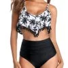 High Waisted Bikini Ruched Bottom Ruffle Swimsuit For Women-Black Palm Tree