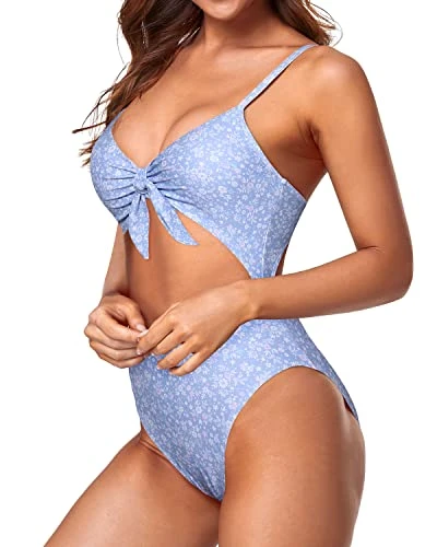 Sexy V Neck One Piece Swimsuits Sexy Monokini-Blue Floral - Image 3