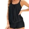 2 Piece Loose Blouson Tankini Tops Modest Swimsuits-Black