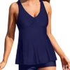 Slimming Flyaway Tankini Tops Shorts Two Piece Tankini Swimsuits-Navy Blue