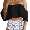 Tummy Control Off Shoulder Bikini Set For Women-Black Snake