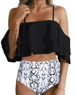 Tummy Control Off Shoulder Bikini Set For Women-Black Snake