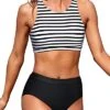 Tummy Control Swimsuits Bottom 2 Piece Bathing Suits For Teen Girls-Black And White Stripe