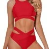Sexy Zipper Racerback Bandage Two Piece Bathing Suits-Red
