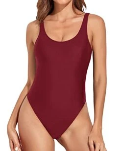 Women Girls Teens Juniors Retro 80S High Cut One Piece Swimsuit-Maroon