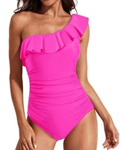 Asymmetrical Neckline Ruffle One Shoulder Swimwear-Neon Pink