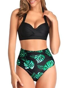 Two Piece Vintage Swimsuit Vintage High Waisted Bikini-Black Leaf