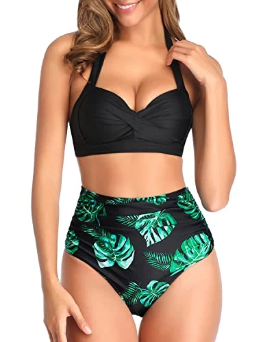 Two Piece Vintage Swimsuit Vintage High Waisted Bikini-Black Leaf