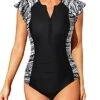 Women's Tummy Control Short Sleeve One Piece Rash Guard-Black Tribal