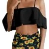 Elegant Off Shoulder Bikini Set For Women Tummy Control Bottoms-Black Sunflower