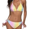 Two Piece Halter Padded Top Tie Side Bottom Bikini Bathing Suit 2 Piece Bikini Sets-Color Stripes