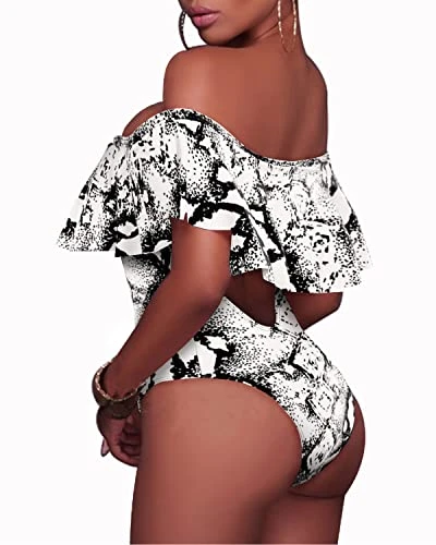 Sexy Off-Shoulder One Piece Lace Up Ruffled Bathing Suit-Black And White Snake Print - Image 2