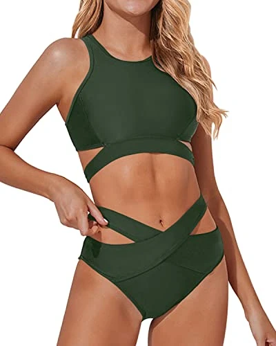 Slim Fit High Neck Bandage Two Piece Bathing Suits-Army Green - Image 3