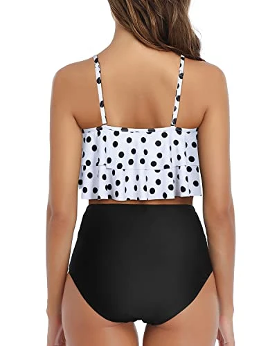 Elegant Ruffle High Waisted Ruched Women's 2 Piece Bikini Set-White Black Polka Dots - Image 4