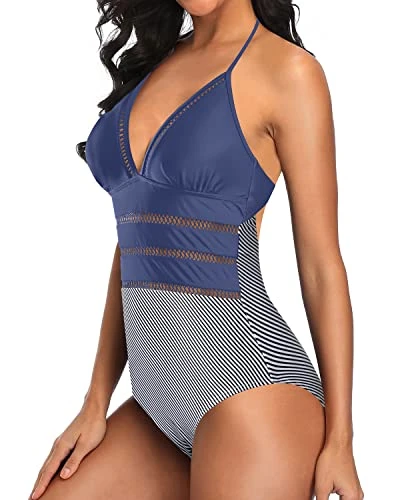 Slimming Silhouette Tie Monokini Halter One Piece Swimsuits-Blue White Stripe - Image 2