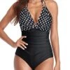 Fashionable Keyhole High Neck Tummy Control Swimsuits-Black Dot