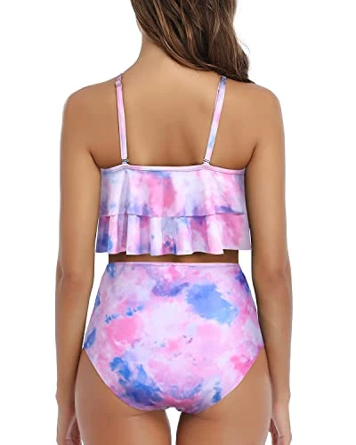 Slimming High Waisted Bikini Set Double Tiered Ruffle Top-Color Tie Dye - Image 4