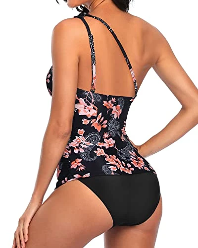 Padded Bra One Shoulder Tankini Top Bikini Bottoms-Black Pink Flower - Image 4
