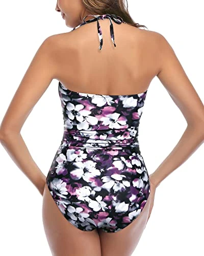 Vintage Tie Knot Pattern Tummy Control One Piece Swimsuits-Purple Floral - Image 2