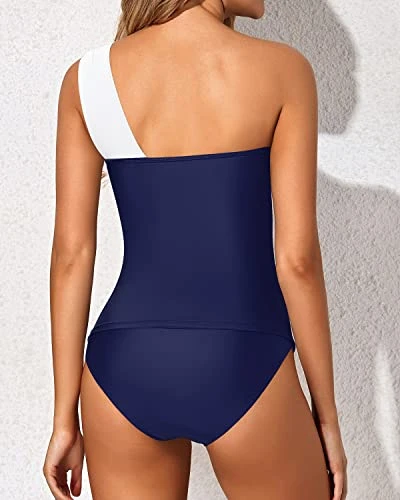 Women's Sexy Asymmetrical Tankini One Shoulder Top & Shorts-White And Navy Blue - Image 2