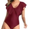 Modest Coverage Flounce Sleeve V Neck One Piece Swimsuit-Maroon