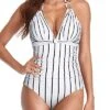 Sexy Ruched Slimming One Piece Swimsuits Backless Swimwear-White Stripe
