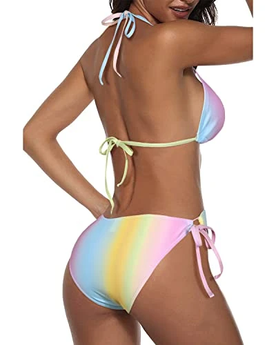 Two Piece Halter Padded Top Tie Side Bottom Bikini Bathing Suit 2 Piece Bikini Sets-Color Stripes - Image 3