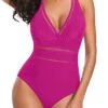 Stylish Cutout Mesh Hollow Out One Piece Swimsuits-Hot Pink