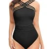 Sexy Crisscross Mesh Strap One Piece Swimwear For Women-Black