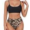 Adjustable Spaghetti Strap Two Piece High Waisted Bikini-Black And Leopard
