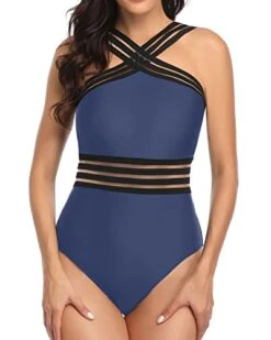 Removable Padded Push Up Bras One Piece Front Crossover Swimwear-Blue
