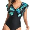 Removable Padded Push Up Ruffle Shoulders One Piece Swimsuit-Black And Green Leaves