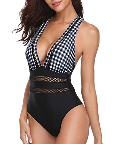 Chic Hollow Out Long Torso One Piece Bathing Suit-Black And White Checkered - Image 3